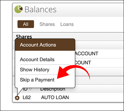 Screenshot of Skip a Payment button in Home Banking.